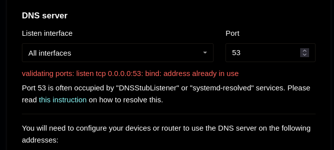 Adguard port already in use